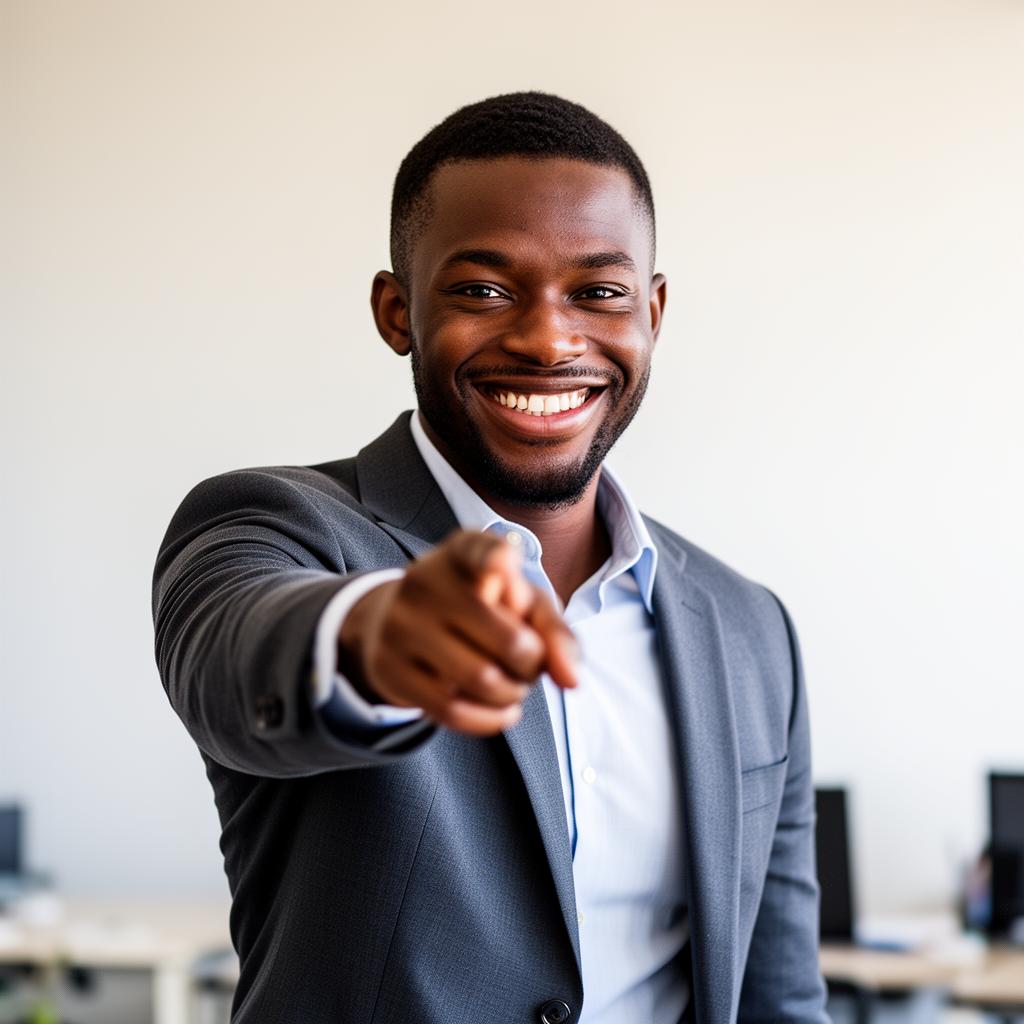 Smiling co-founder pointing at the viewer